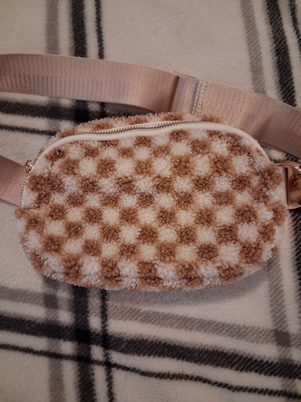 Beige and White Sherpa Check Crossbody Bag - Women